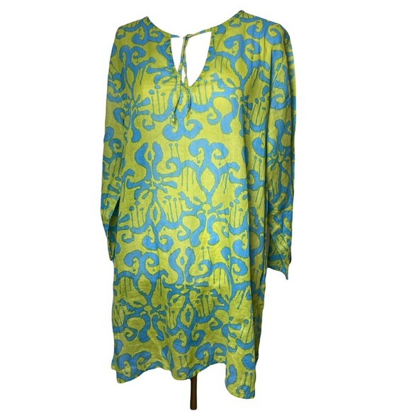 Rock Flower Paper Tunic Swim Cover Up Size Large Blue & Green - Picture 2 of 9